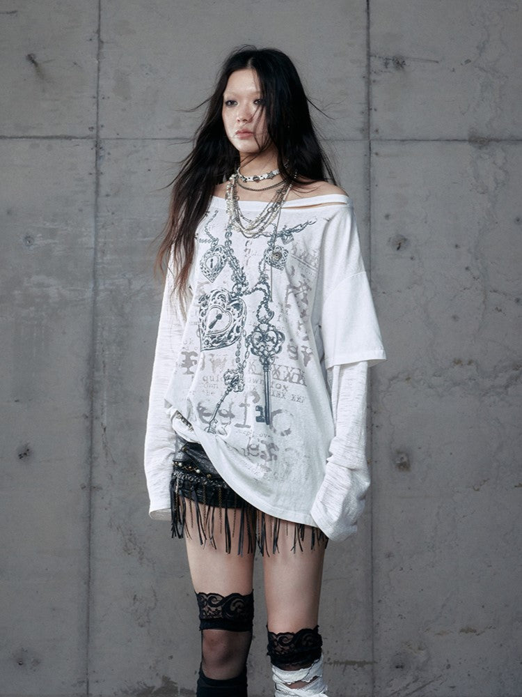 Weißes Grunge-Ästhetik-Herz-Off-Shoulder-Print-Nieten-Distressed-Cross-Punk mit Top-Details Charm Wasteland