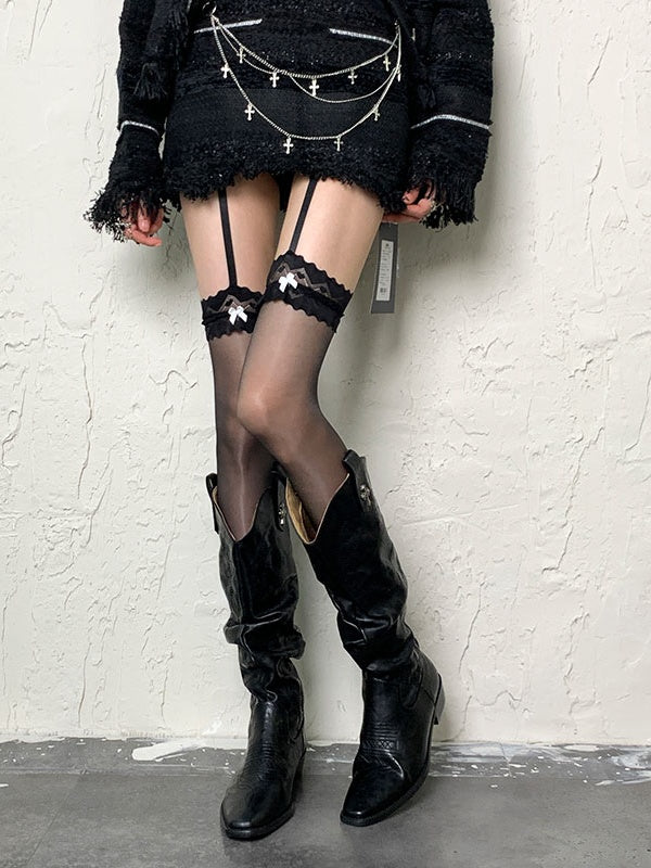 Gothic Schwarze Y2K Strumpfhose mit Schleife