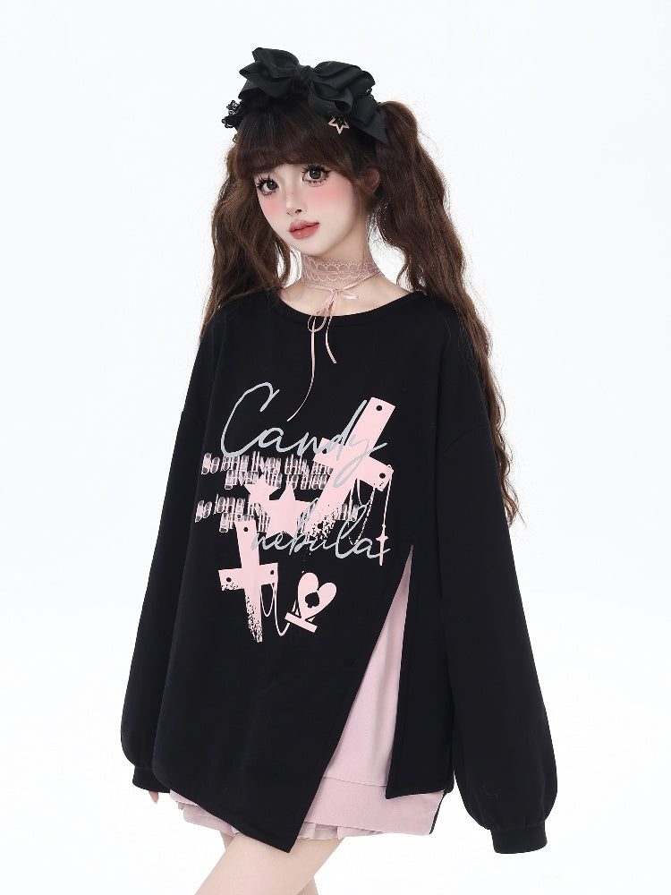 Pink/Black Cross Side-Slit Sweatshirt with Big Bow at Back