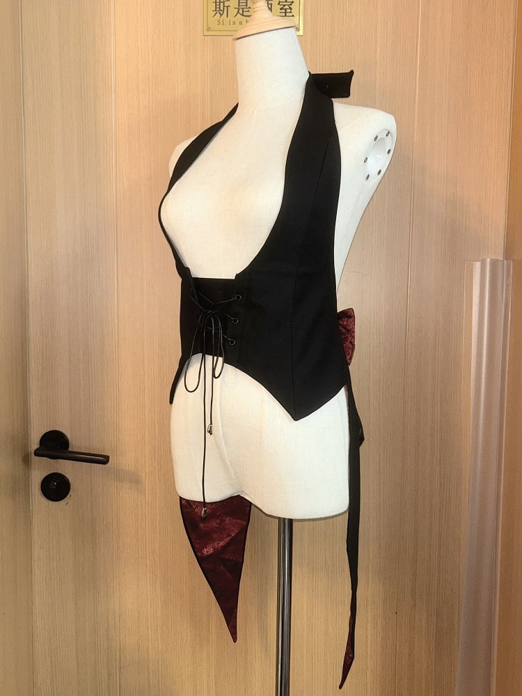 Black Ouji Neck Gothic Bunny at Halter Lolita Buckle Back Tailcoat with Bow Tail Waistcoat