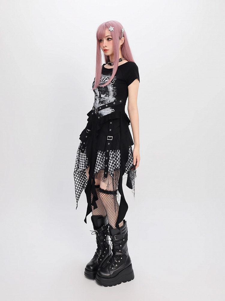 Handkerchief Hem Mesh Patchwork Y2K Black Blue/ White Plaid Skirt Black