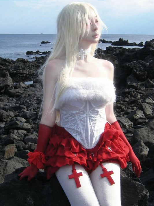 ゴシックホワイトプラッシュネックラインバタフライセミシースルーボーンコルセット