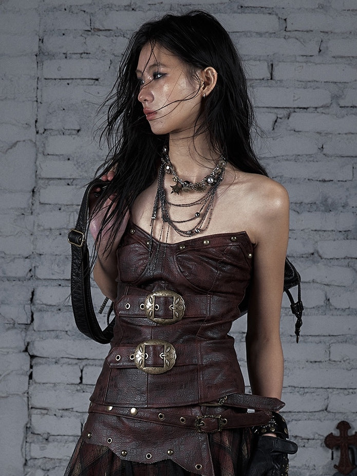Bustier-Schnallenverziertes Punk-Top Rot/Braun Wasteland PU