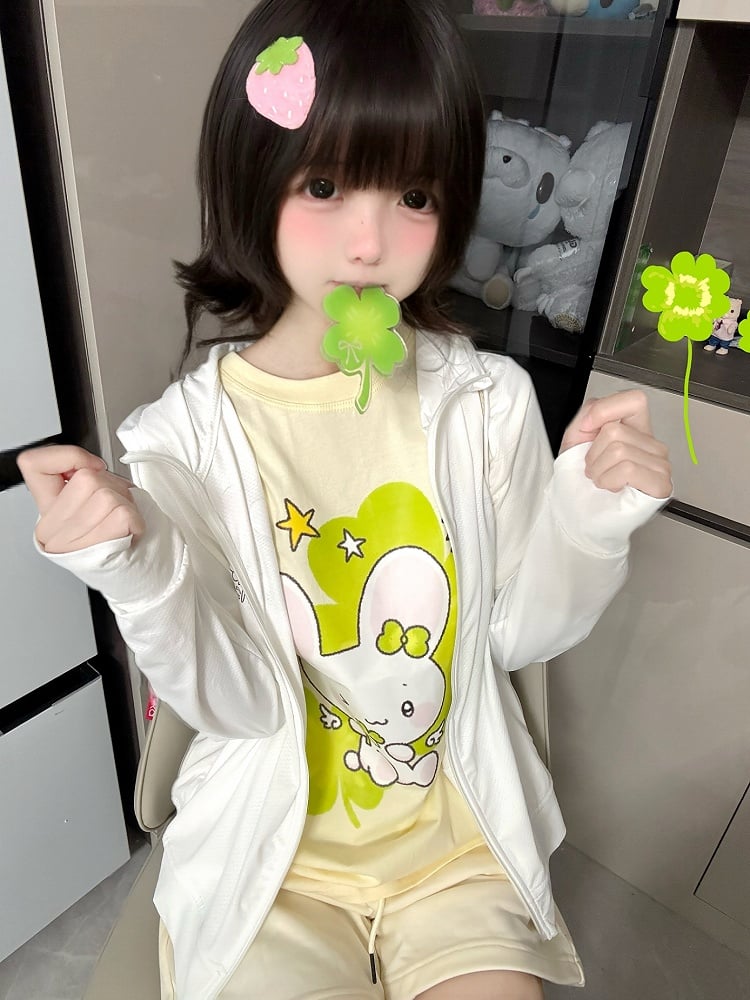 Jacket Charm White Bunny Print Sun with Leaf Clover Four Protection Hoodie