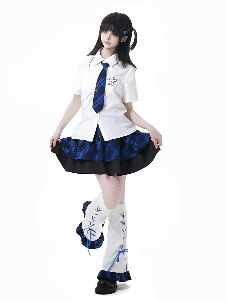 Tiered Skirt Stud Details Black and Blue Plaid Star