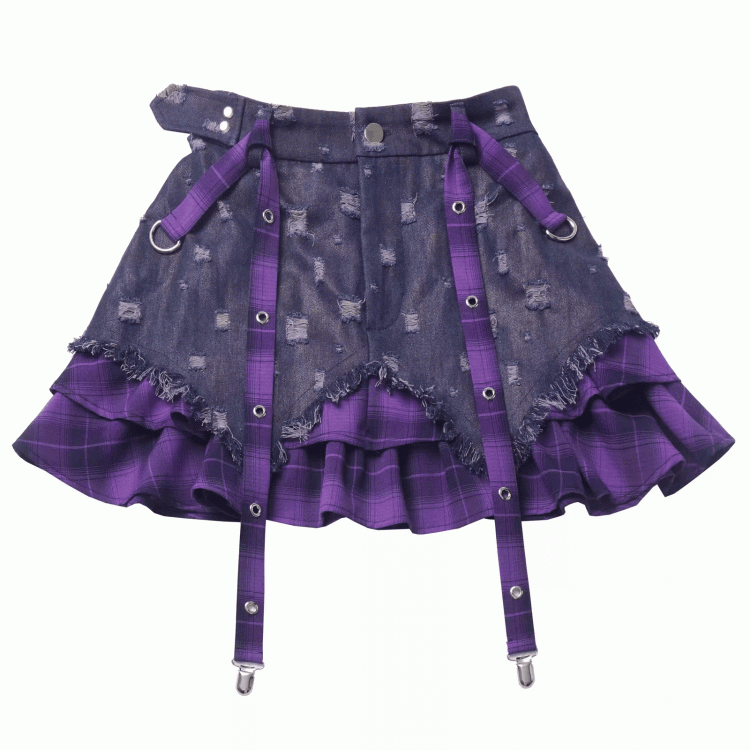 Purple Y2K Dye Denim Skirt Tie Plaid Hem Distressed Holes