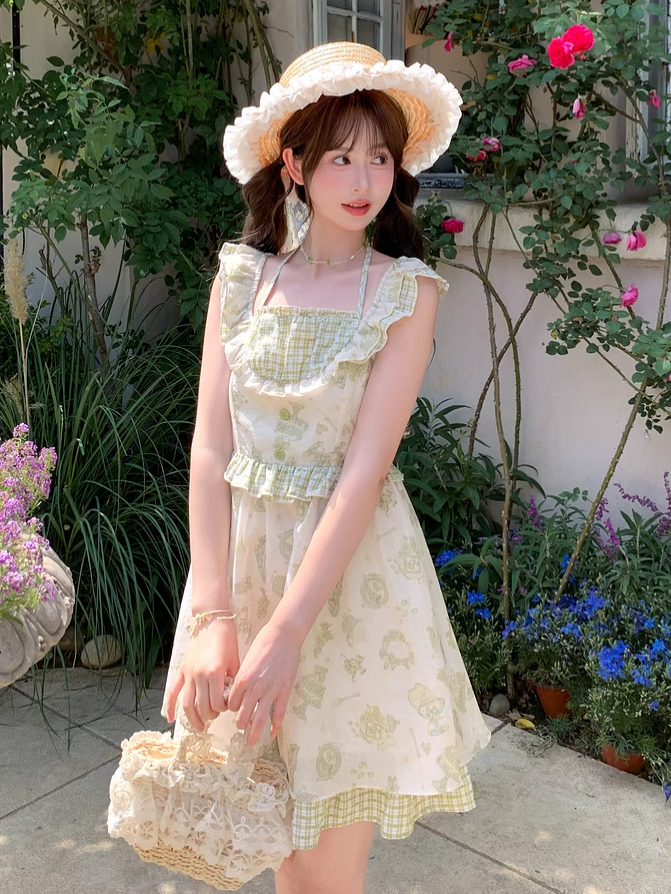 Kei Green Plaid Flutter Sleeves Halter Dress Light Cartoon Print Mori