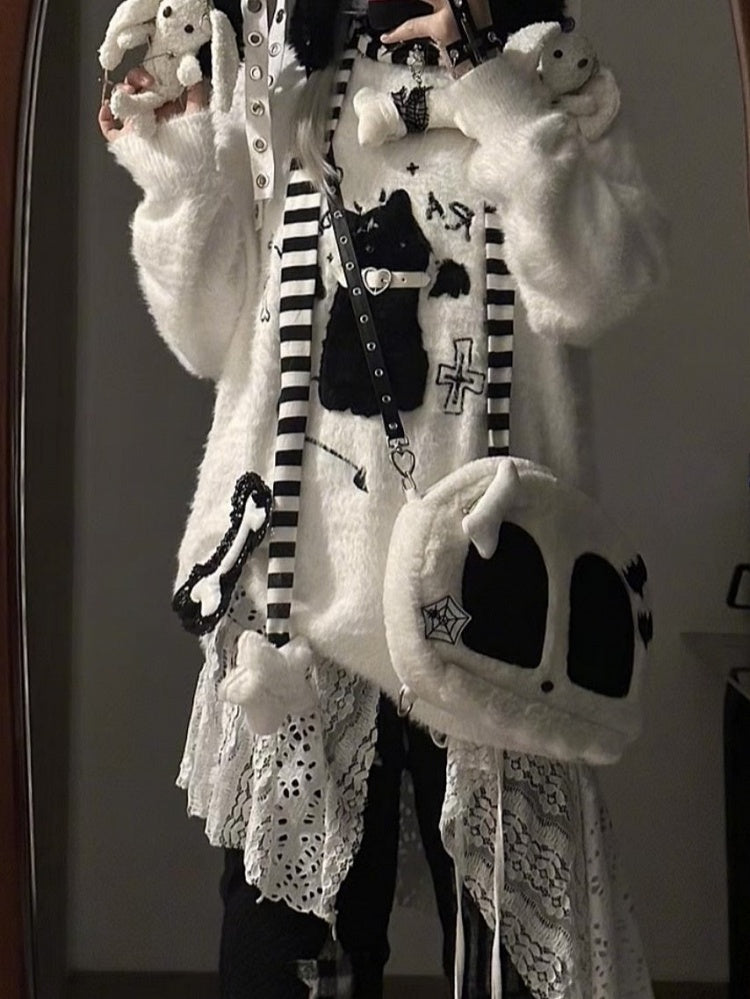 Detail Cat Belt Sweater Collar Knit Flocked Embroidery - Kawaii White/Black