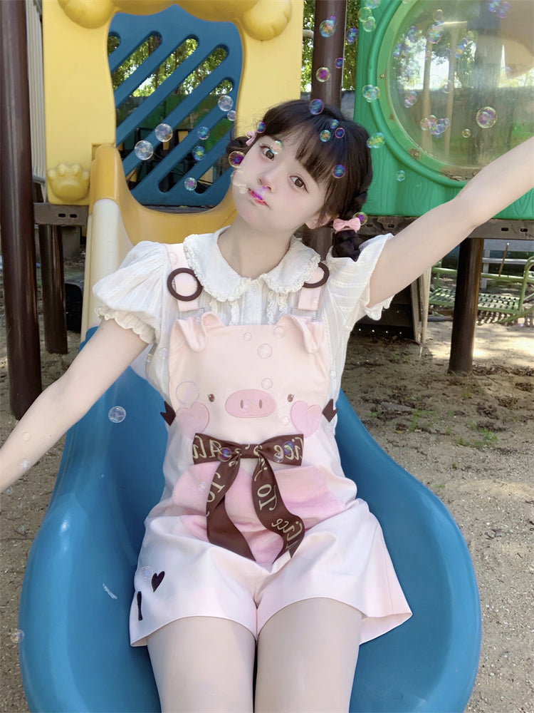 Adorable Piggy Pattern Bubble Shorts Overalls Pink