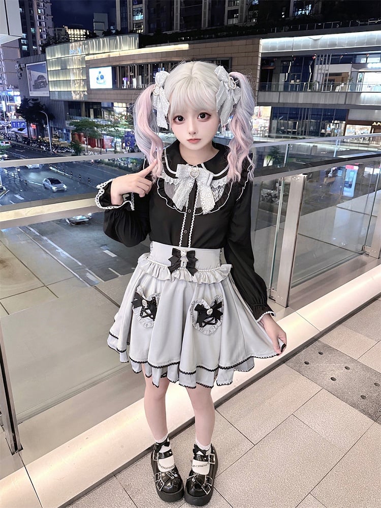 Jirai Kei Black Peter Pan Collar Long Sleeve Blouse Tie with Free Bow