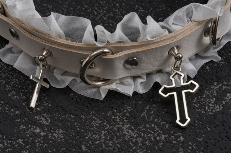 Weiße Gothic Kreuz Nieten Ring Schnalle Rüschen KC