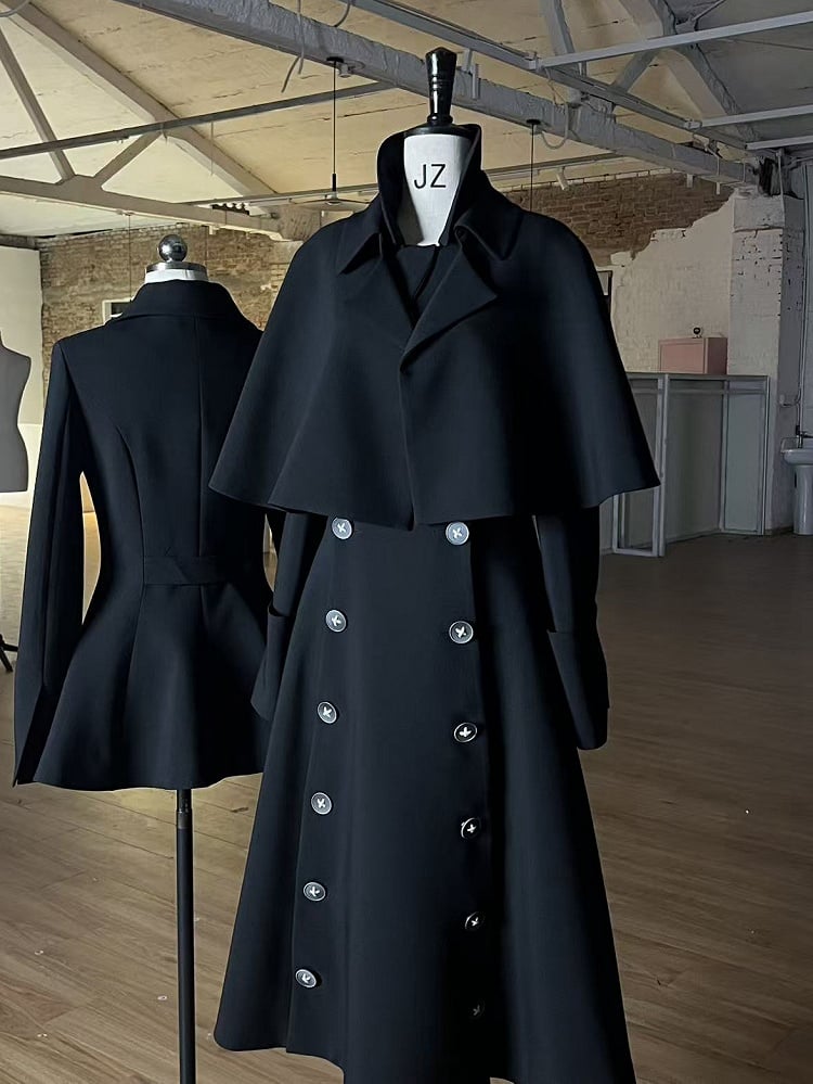 Design / Coat Black Detachable Cape Trench Gray Double-Breasted
