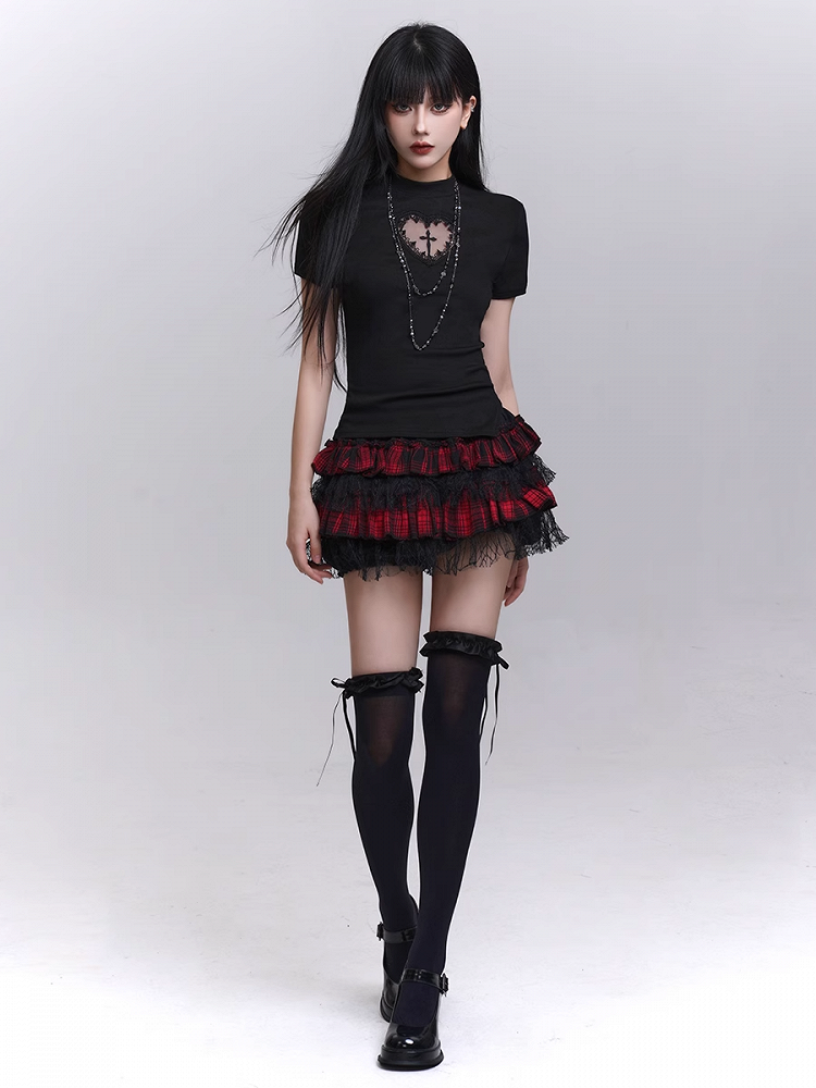 Trim Lining Red and Black Plaid Elastic Waist Lace Mini Tiered Skirt Bloomers