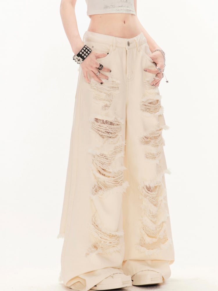 Wide-Leg Jeans Wasteland Apricot Low Waist Distressed Holes Punk