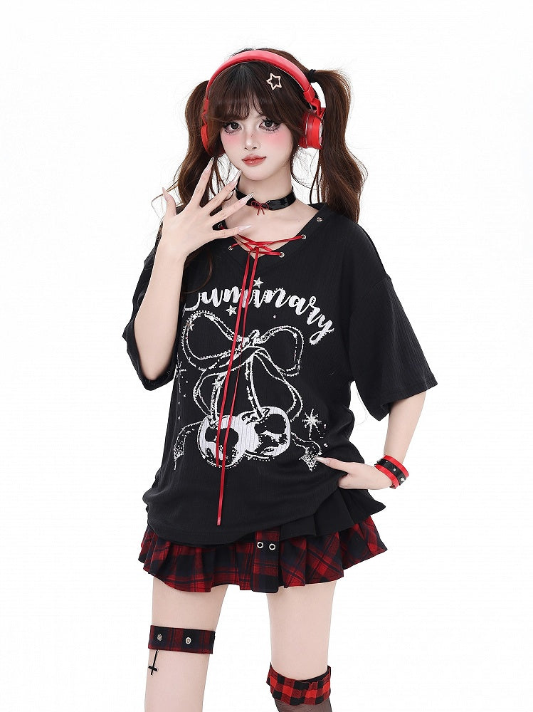 Print T-Shirt with V-Neck Lace-up Neckline Black/White Cherry Detail