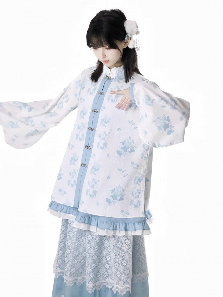 Weißes Blumenmuster, gebänderter Kragen, Knotenknöpfe, Rokoko-Blau, Cheongsam-Bluse