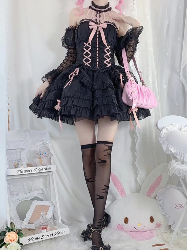 Cross Belle Black and Pink Halter Neck Corset Dress Balletcore Lolita JSK