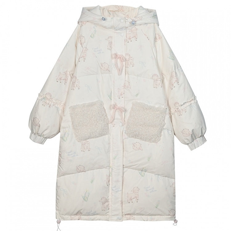Cute Lamb Print White Hooded Down Jacket Short/Long Version