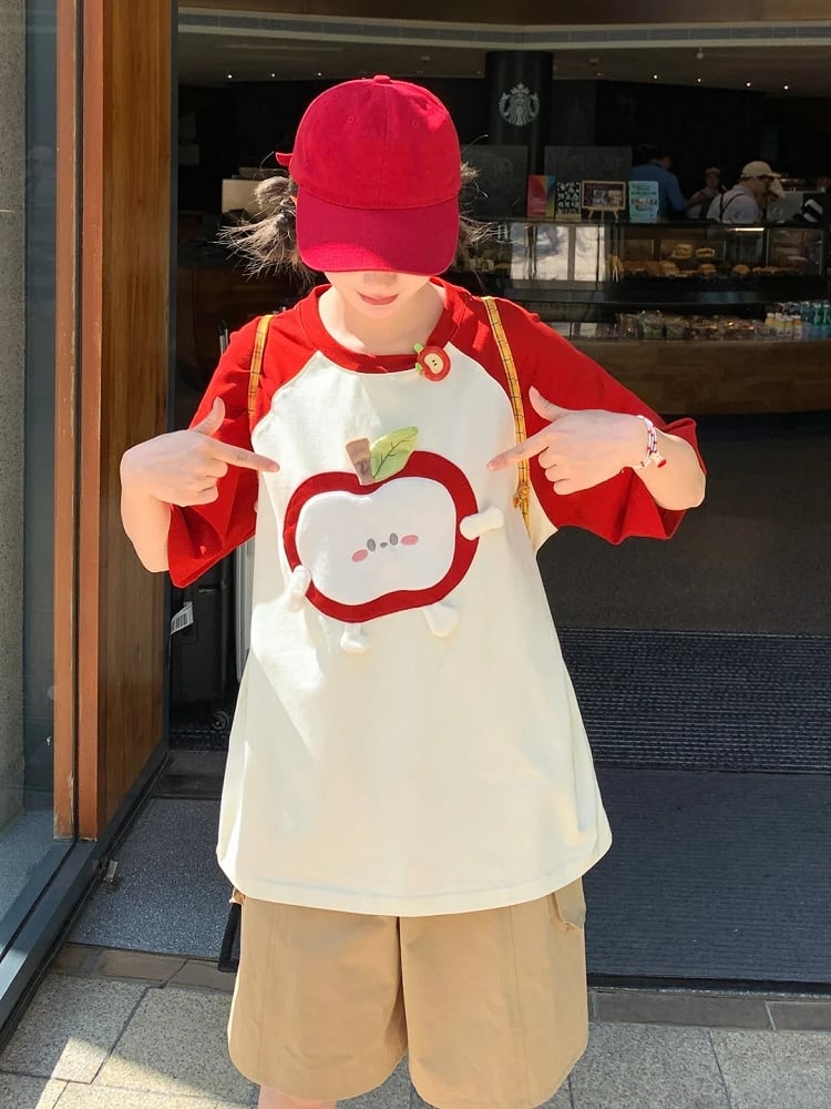 Rot-weißes Colorblock-Design T-Shirt Apple