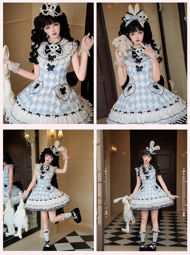 Wunderland Alice Blau Diamant Muster Hasenohren Hut Vibes in