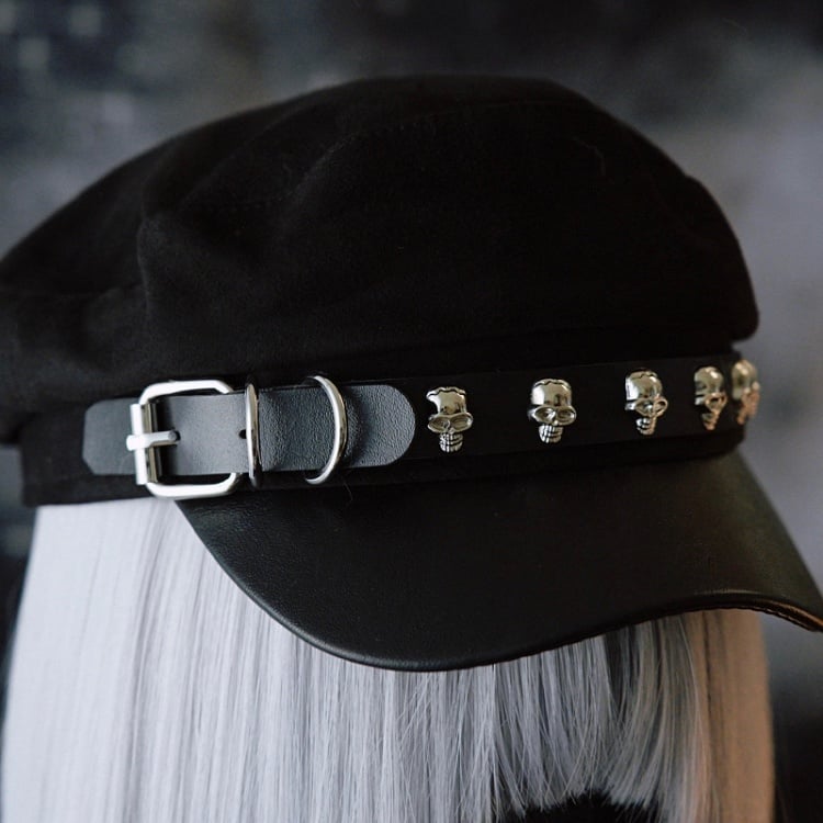 Verzierte Gothic Black Design Schnalle Hut Skelett Baskenmütze