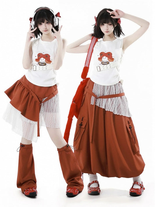 Orange Elastic Waist Drawstring Hem Cargo Pockets Long Bubble Skirt