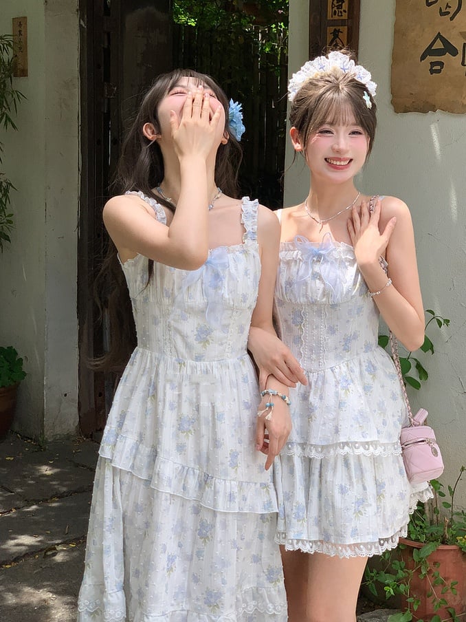スカート ショート 花柄 バックキャミワンピース レースアップバージョン ライトブルー レーストリム ティアード