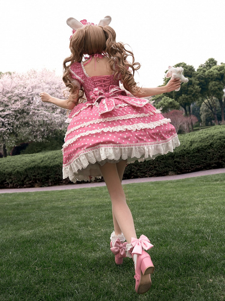 Ears Square Pattern Dress Bunny Polka Dots Lolita Neckline Pink Plush Sweet Dark