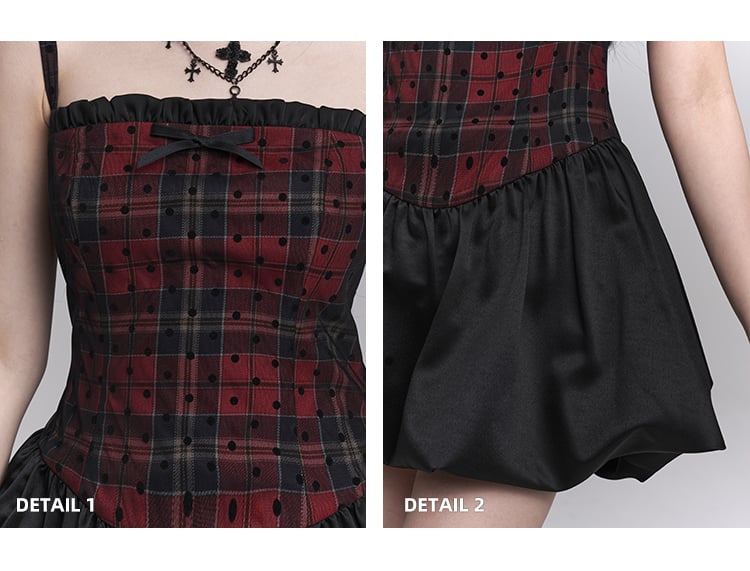 Red Plaid Basque Waist Mini Cami Dress Bubble Skirt