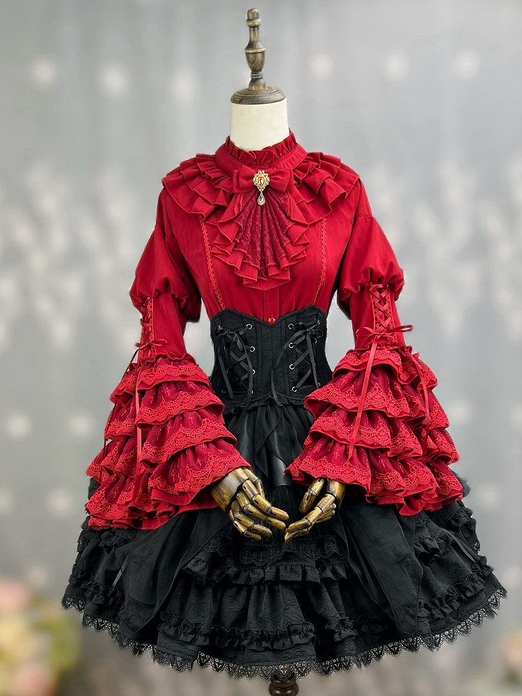 Kuro Ruffle Lolita with Tie Bell Neckline Shirt Gothic Layered Sleeves Jabot Red