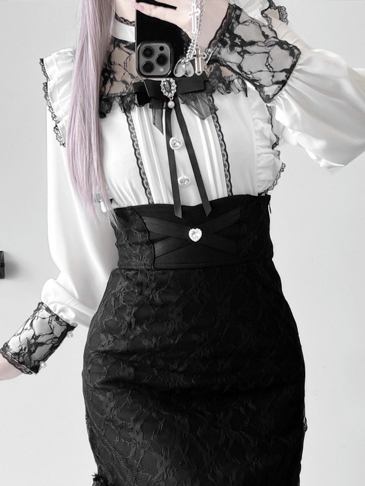 Blouse with White Illusion Neckline Pleating Details Jirai Kei Bow Tie