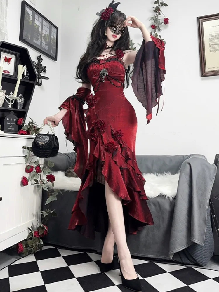 Flounce Sleeves Gown Mermaid Dress Rosette Evening Detachable with Red Burgundy