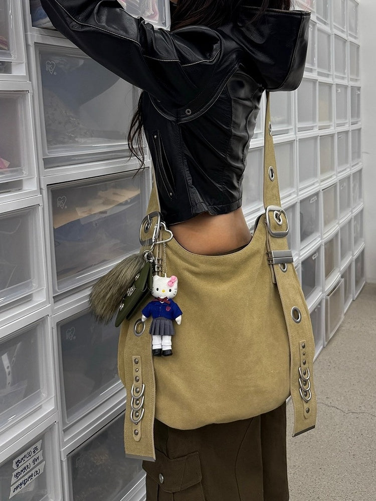Chic Brown Punk Tote Bag With Adjustable Strap Crescent