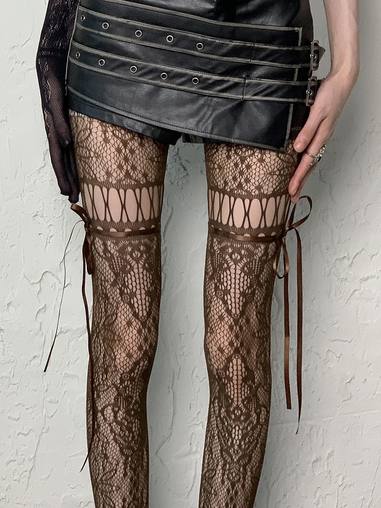 Cut-out Self-tie Coffee/Gray/Black/White/Purple/Blue Y2K Floral Pattern Design Tights Straps