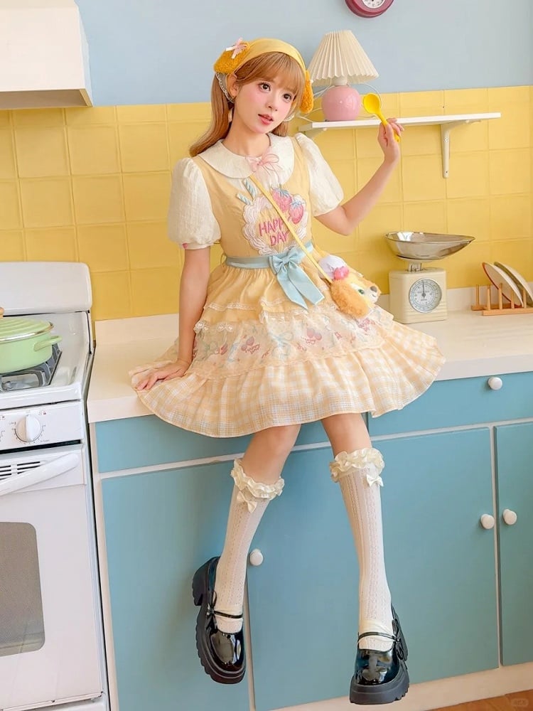 Strawberry Cake Embroidery Bow Creamy Yellow Tiered Lolita Dress Sweet Skirt Big