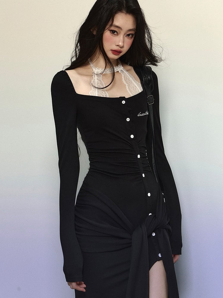 Schwarzes Strickkleid aus Spitze mit Neckholder und selbstbindenden Trägern bis zum Oberschenkel