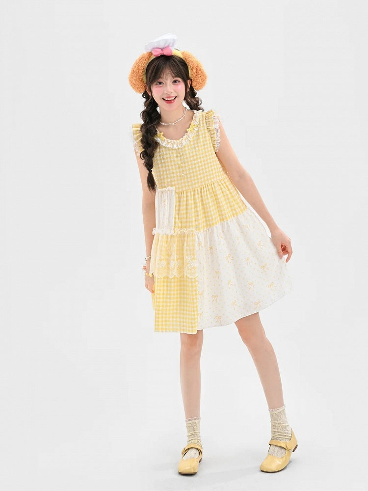 Plaid Dress Tiered Yellow Patchwork Design Flutter Sleeves Sweet