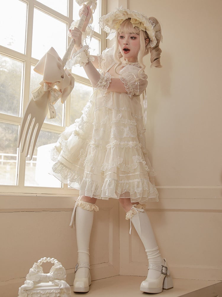 White Embroidered Bow Creamy Lolita Dress Sleeves Big Short Puff Neckline