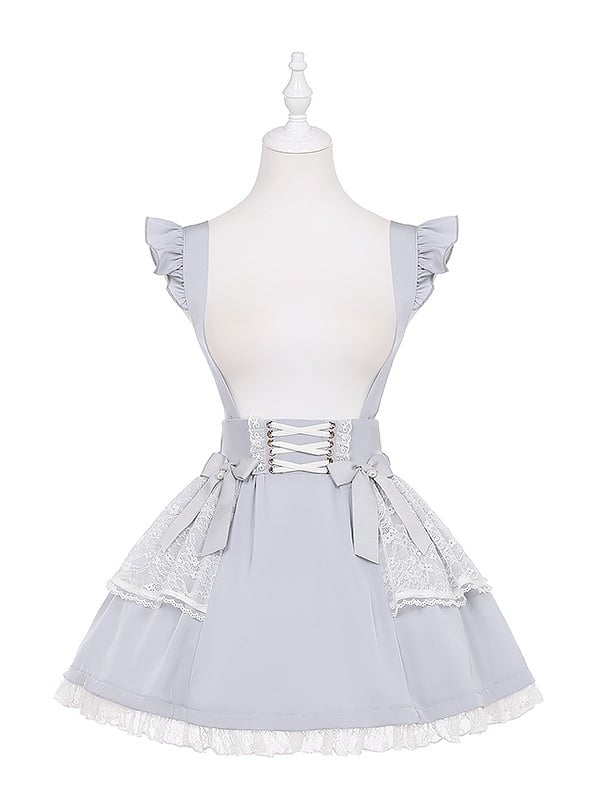 Ruffled Lace Trim Flutter Sleeves Kei Embellished Gray Bowknots Jirai Overalls