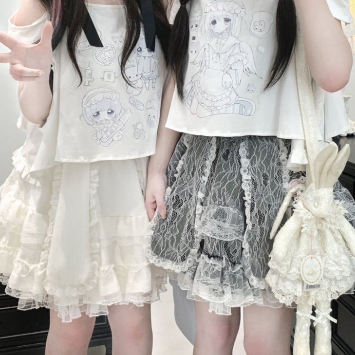 Jirai Kei T-Shirt Yami Kawaii Cartoon Print Ausschnitt Schulter Weiß