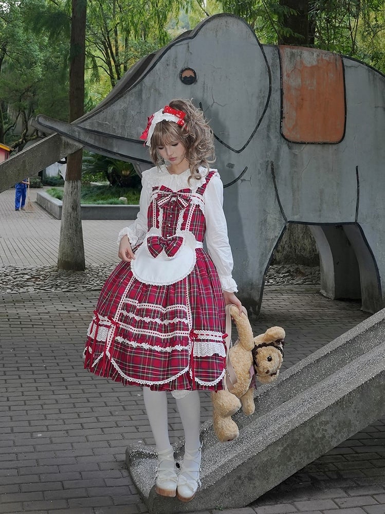with Accents Skirt Scalloped Jumper Sweet Plaid Lolita Bow Edge Red Trim