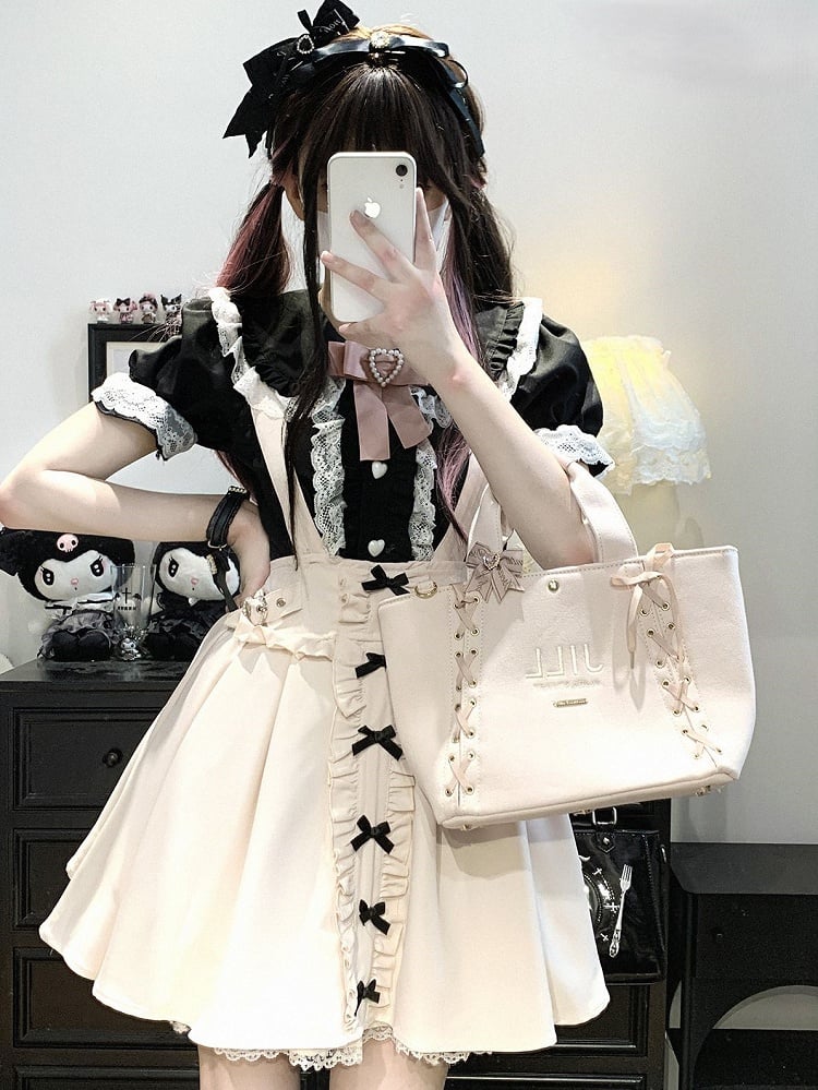 Trim Lace Shorts Dress With Blue/White/Pink/Black Kei Bowknot Details Jirai Overall