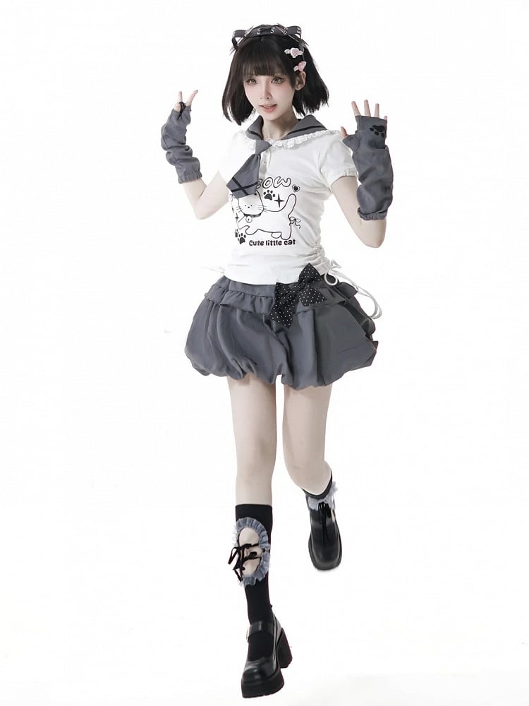 Side Armwear Free Ears with T-shirt Kitty Design Sailor Collar White Drawstring