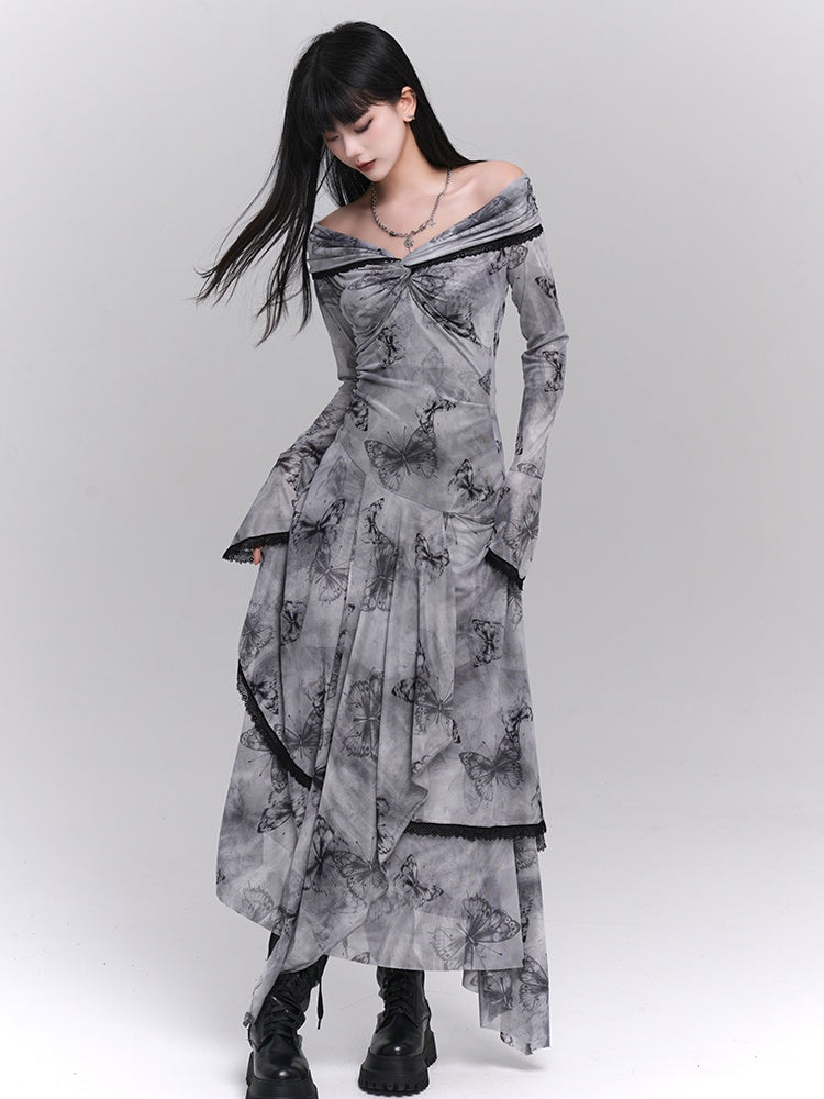 Purple/Dark Gray/Apricot Off-the-Shoulder Butterfly Print Twist Detail Dress