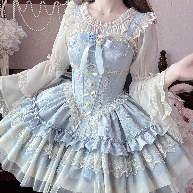 Blue Big Puffy Dress Hime Lolita Balletcore Bow Fabric Train JSK Boned Basque Waist Jacquard with