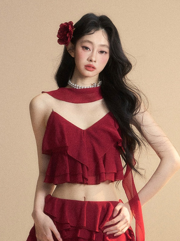 Scarf Red Chiffon V-Neck with Tiered Free Ruffles Cropped Cami Top