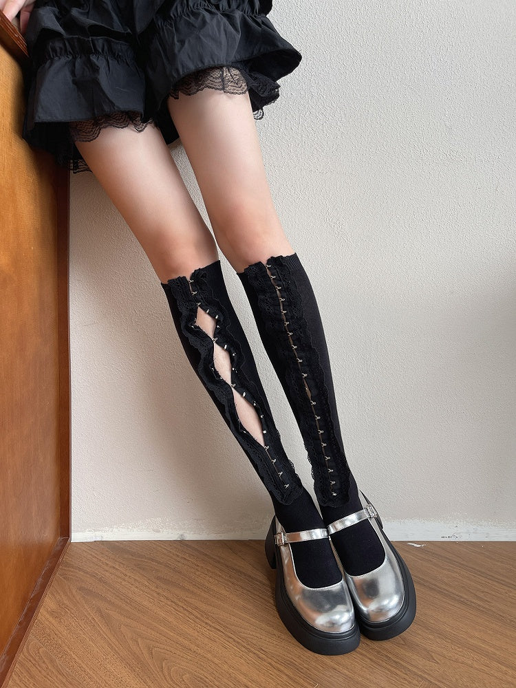 Stockings Ruffle Trim White/Black Underknee