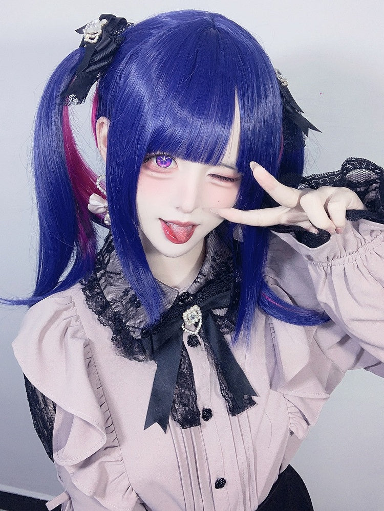 And Length Bangs Pink Highlight With Wig 70CM Blue Straight