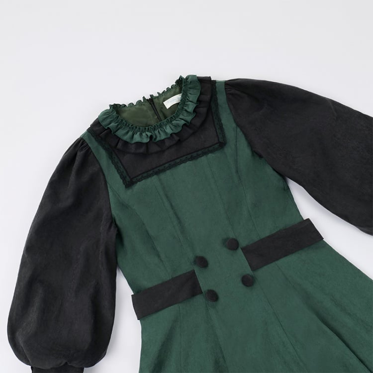 Dark Academia – Lolita-Kleid mit Hammelkeulenärmeln in Grün und Schwarz