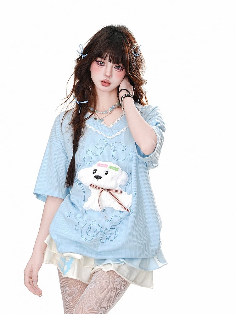 Yume Kawaii Adorable Puppy Weiß/Blau Lockeres T-Shirt